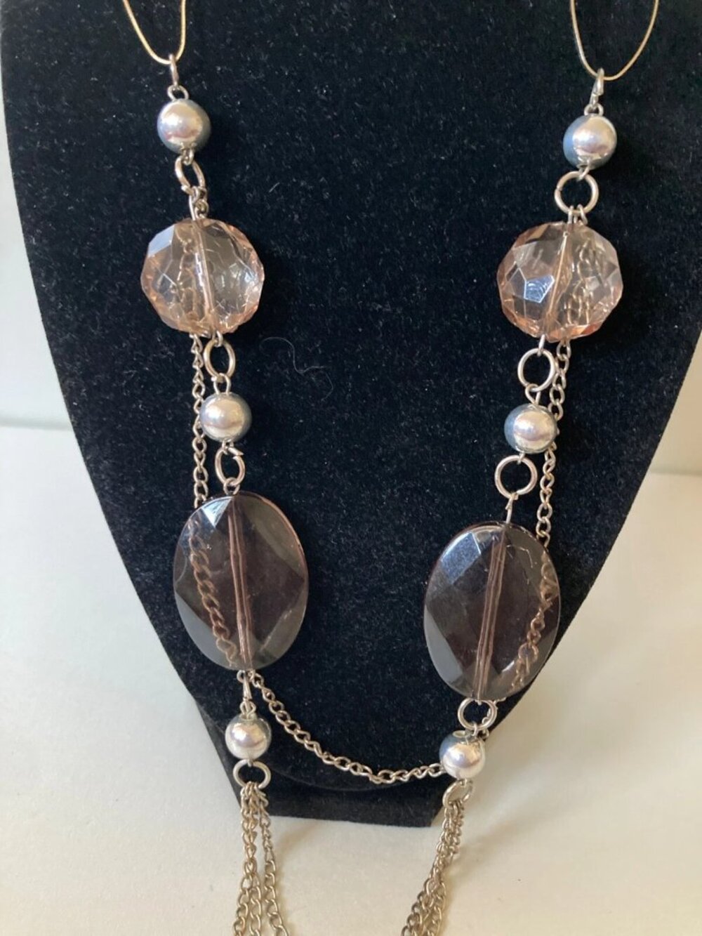 Preloved antique silver tone Necklace Big Oval Faceted gray Chunky jewelry